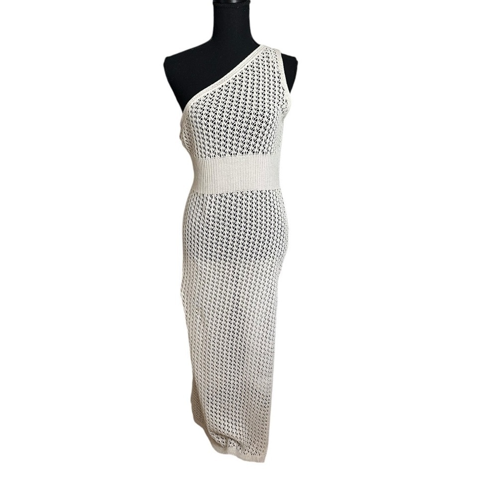 Cha Cha One Shoulder Crocheted Boho Cover up Side Slit midi Dress Size M NWT